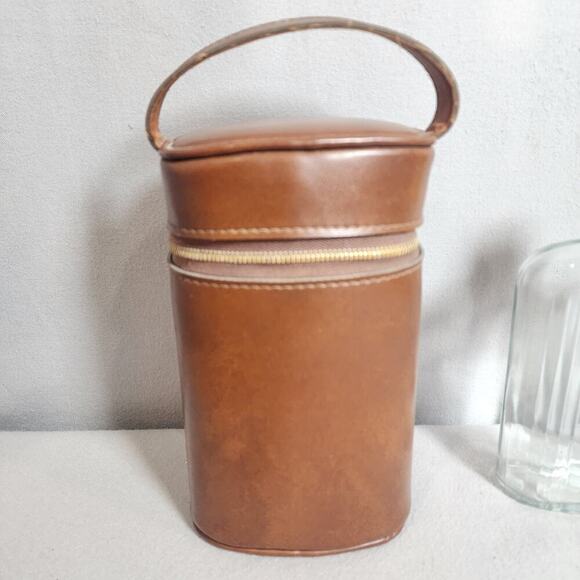 Vintage Mid-Century Travel Leather‎ Flask Carrier With (2) Glass Flasks - Picture 2 of 9